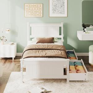 image:imageVINGLI Twin Size Solid Wood Bed with 4 Storage Drawers and HeadboardModern Minimalist Panel Platform Bed for KidsAdults amp GuestsSleigh BedCrisp WhiteWhite