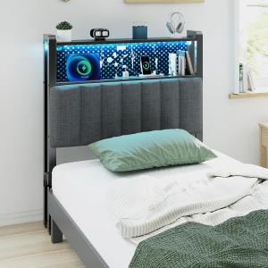 image:imageVINGLI Twin or Twin XL Size Headboard Adjustable Upholstered Headboard with 3 Tier Shelves and Pegboard with Charging Stations and LED Lights Modern Bed Headboard with Storage for Bedroom DecorLinen  Dark Gray