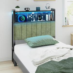 image:imageVINGLI Twin or Twin XL Size Headboard Adjustable Upholstered Headboard with 3 Tier Shelves and Pegboard with Charging Stations and LED Lights Modern Bed Headboard with Storage for Bedroom DecorChenille  Forest Green