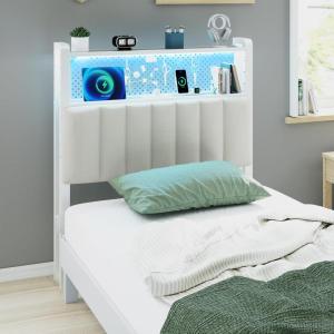 image:imageVINGLI Twin or Twin XL Size Headboard Adjustable Upholstered Headboard with 3 Tier Shelves and Pegboard with Charging Stations and LED Lights Modern Bed Headboard with Storage for Bedroom DecorLinen  Off White