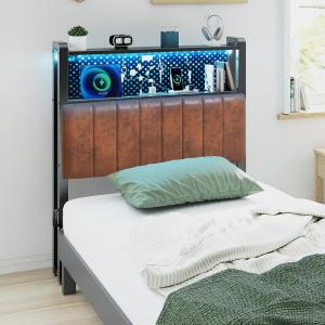 image:imageVINGLI Twin or Twin XL Size Headboard Adjustable Upholstered Headboard with 3 Tier Shelves and Pegboard with Charging Stations and LED Lights Modern Bed Headboard with Storage for Bedroom DecorPu  Industrial Brown