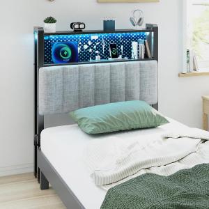 image:imageVINGLI Twin or Twin XL Size Headboard Adjustable Upholstered Headboard with 3 Tier Shelves and Pegboard with Charging Stations and LED Lights Modern Bed Headboard with Storage for Bedroom DecorLinen  Light Gray