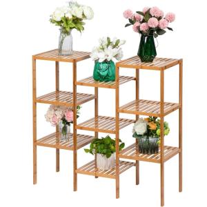 image:imageVINGLI Bamboo Plant Stand Rack Customizable 9 Potted Flower Pots Holder Display Shelf Storage Rack for Patio Living Room Balcony and Bedroom Natural