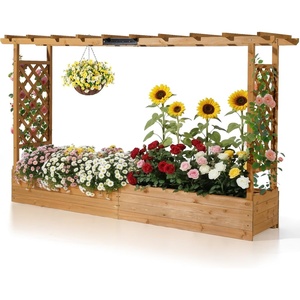 image:imageVINGLI 45 in Raised Garden Bed with Trellis amp Hanging Roof Wooden Elevated Planter Box with Drainage Holes for Outdoor Climbing Plants Vegetables Flowers Patio Yard Balcony Teak Color Wider