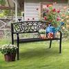 image:imageVINGLI Outdoor Bench for Patio Metal Garden Bench wPVC Back Pattern Black Park Benches Front Porch Benches for Yard Lawn Decor Deck Entryway YellowampBlackBlackwelcome