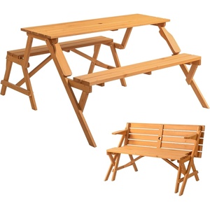 image:imageVINGLI 2in1 Outdoor Wooden Picnic Table and Bench Set with Umbrella Hole  Convertible Design for Garden Patio Porch Deck  Natural Wood