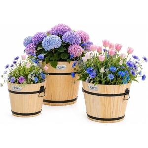 image:imageVINGLI 3 PCS Large Wooden Planter Barrel Set 115Dia 18Dia Real Wood Flower Pot with Drainage Holes Different Sizes Large Garden Container Box Indoor amp Outdoor HoneyHoney