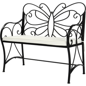 image:imageVINGLI 387in Cast Iron Outdoor Bench with Cushion All Weather Resistant Metal Bench with Curved Armrests and Butterfly Pattern Backrest 12 Person Patio Bench for Garden Porch Park Yard BlackBlack