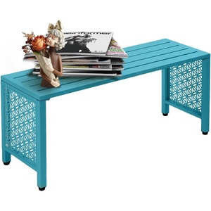 image:imageVINGLI 40in Outdoor Metal Bench AllWeathe Backless Patio Bench with Slatted SeatFloral Side Panels RustResistant Garden Bench Weatherproof Outdoor Seating for Porch Entryway Backyard GreenBlue