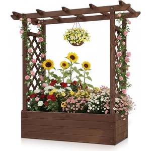 image:imageVINGLI 45 in Raised Garden Bed with Trellis amp Hanging Roof Wooden Elevated Planter Box with Drainage Holes for Outdoor Climbing Plants Vegetables Flowers Patio Yard Balcony Carbonized Wood Medium