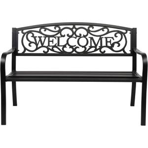 image:imageVINGLI Outdoor Bench for Patio Metal Garden Bench wPVC Back Pattern Black Park Benches Front Porch Benches for Yard Lawn Decor Deck Entryway YellowampBlackBlackwelcome