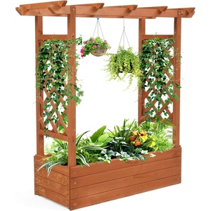 image:imageVINGLI Raised Garden Bed with Trellis amp Hanging Roof Wooden Elevated Planter Box with Drainage Holes for Outdoor Climbing Plants Vegetables Flowers Patio Yard Balcony Teak Medium