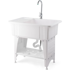 image:imageVingli 37Gallon Freestanding Utility Sink with Faucet 36 Heightened Basin for Laundry Garage Outdoor Garden Pet Wash Heavy Duty Plastic Laundry Tub with Storage Shelf 40L24W36H GreyWhite