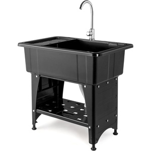 image:imageVingli 37Gallon Freestanding Utility Sink with Faucet 36 Heightened Basin for Laundry Garage Outdoor Garden Pet Wash Heavy Duty Plastic Laundry Tub with Storage Shelf 40L24W36H GreyBlack