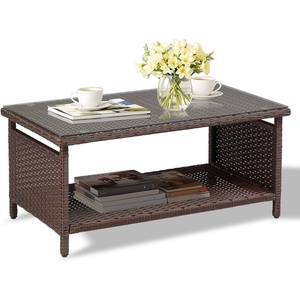 image:imageVINGLI Outdoor Wicker CoffeeTable Patio Coffee Tables for Outside Tempered Glass Top Wicker Table with Storage Coffee Table for Patio Balcony Porch Deck BlackBrown