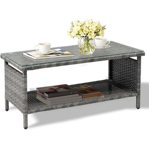 image:imageVINGLI Outdoor Wicker CoffeeTable Patio Coffee Tables for Outside Tempered Glass Top Wicker Table with Storage Coffee Table for Patio Balcony Porch Deck BlackGrey