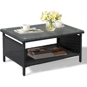 image:imageVINGLI Outdoor Wicker CoffeeTable Patio Coffee Tables for Outside Tempered Glass Top Wicker Table with Storage Coffee Table for Patio Balcony Porch Deck BlackBlack