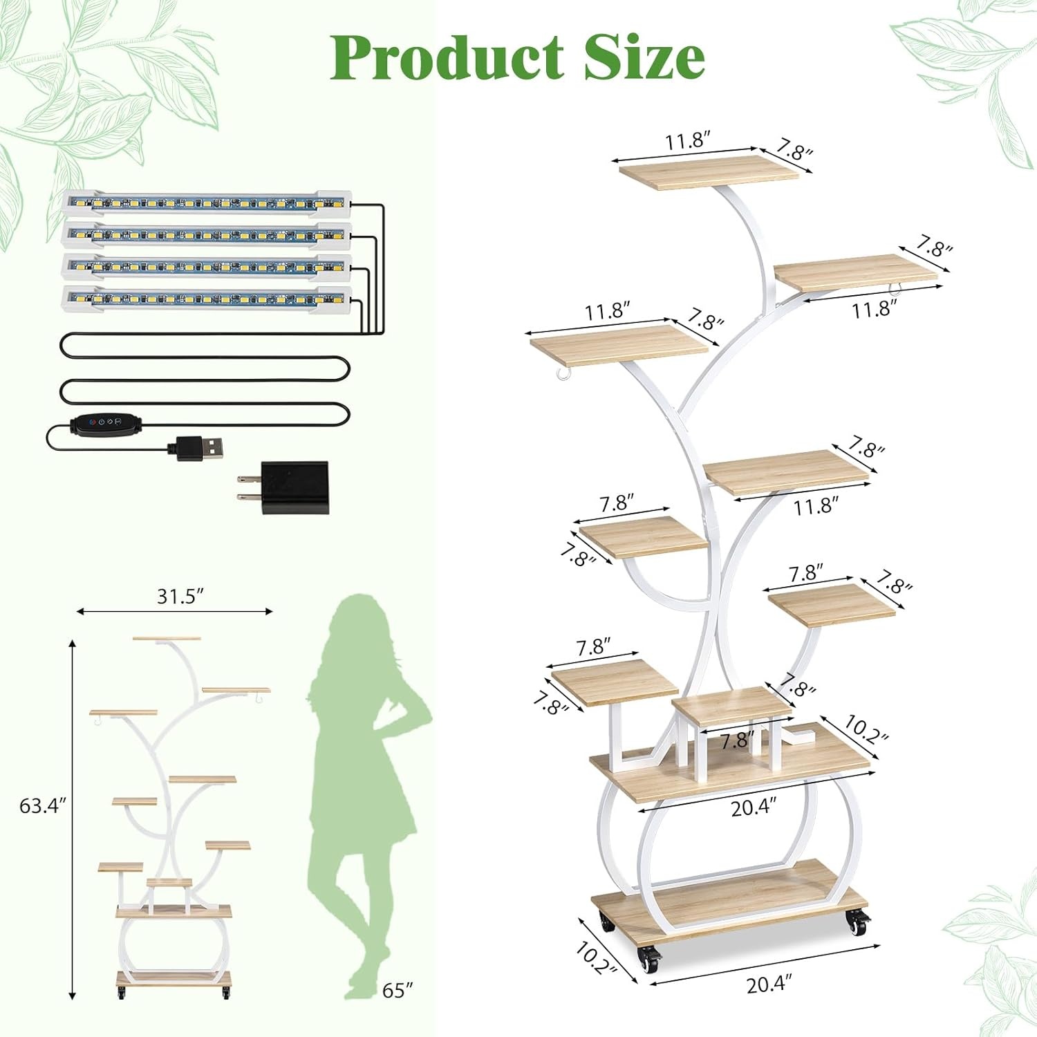 image:imagePlant Stand Indoor with 4 Grow Lights amp 3 Colors 61 Tall 10Tier Plant Shelf for Indoor Plants TreeShaped Display Stand on 360 Lockable Wheels for Living Room Balcony amp Office White and Oak