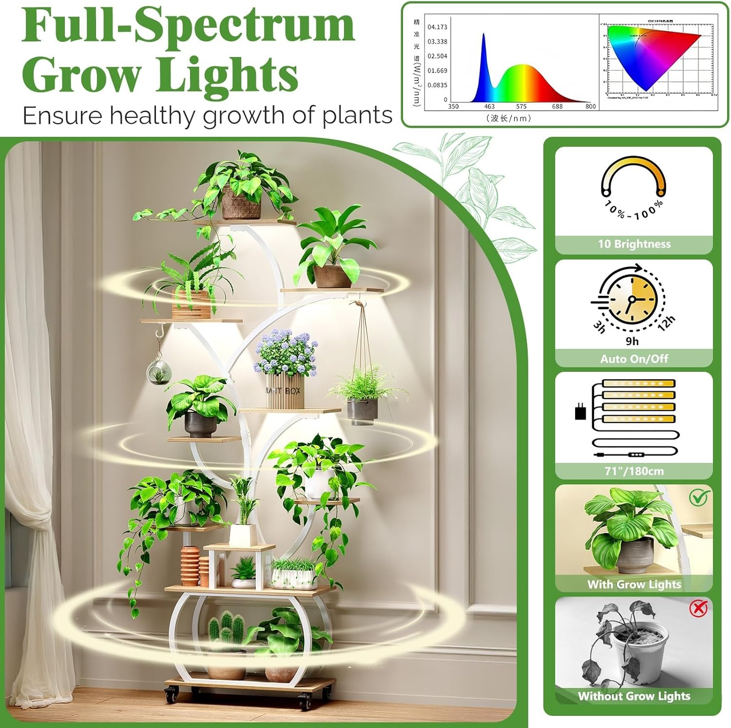 image:imagePlant Stand Indoor with 4 Grow Lights amp 3 Colors 61 Tall 10Tier Plant Shelf for Indoor Plants TreeShaped Display Stand on 360 Lockable Wheels for Living Room Balcony amp Office White and Oak