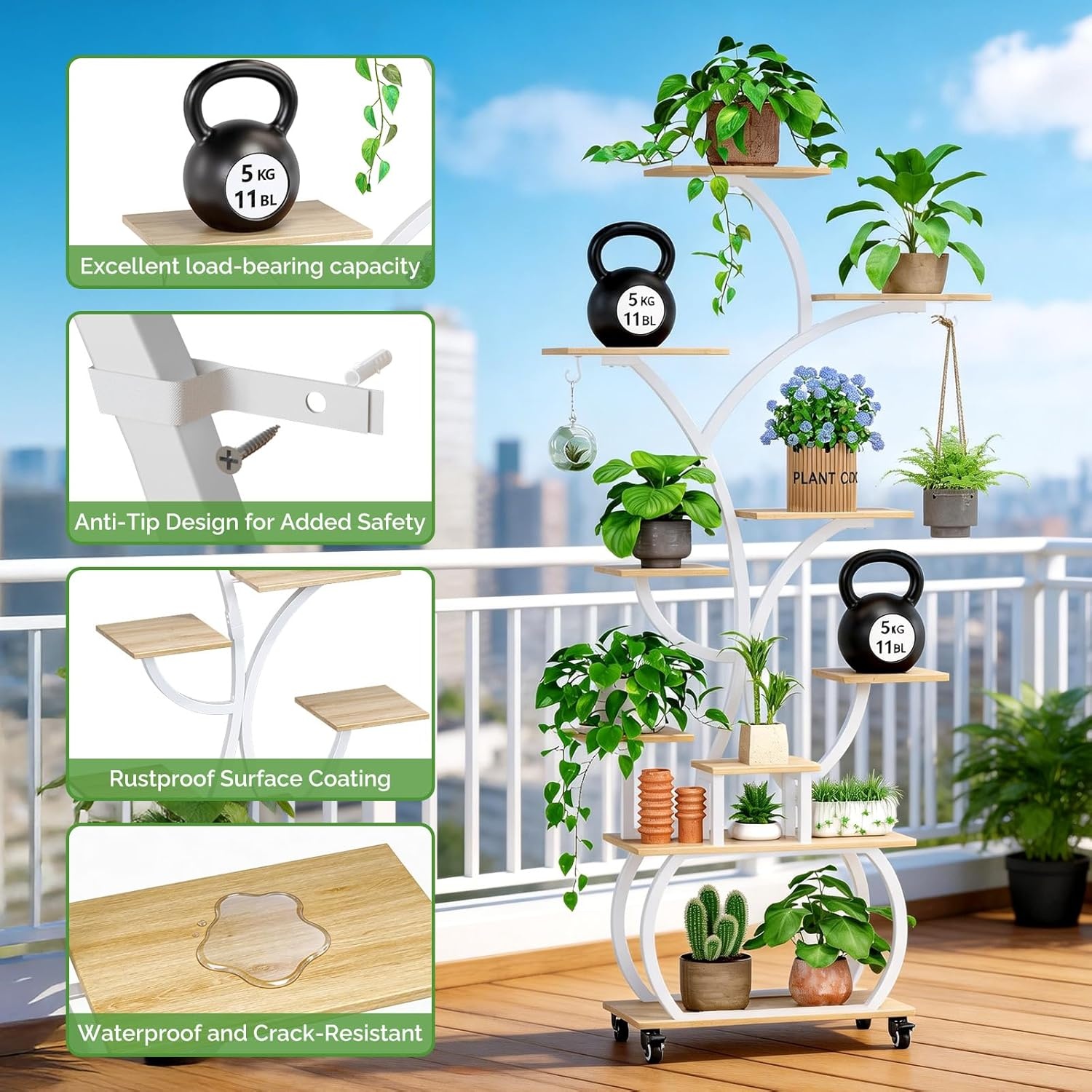 image:imagePlant Stand Indoor with 4 Grow Lights amp 3 Colors 61 Tall 10Tier Plant Shelf for Indoor Plants TreeShaped Display Stand on 360 Lockable Wheels for Living Room Balcony amp Office White and Oak