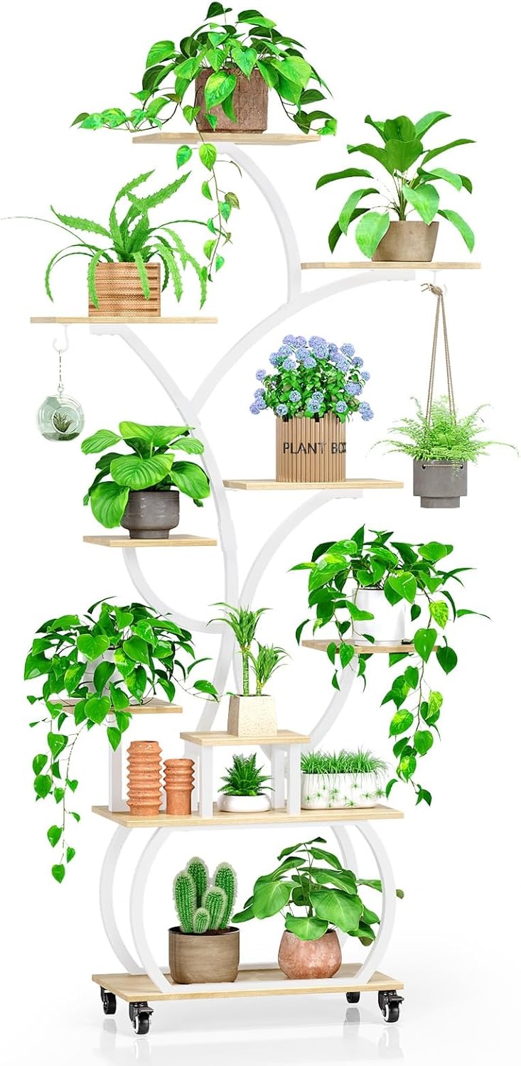 image:imagePlant Stand Indoor with 4 Grow Lights amp 3 Colors 61 Tall 10Tier Plant Shelf for Indoor Plants TreeShaped Display Stand on 360 Lockable Wheels for Living Room Balcony amp Office White and Oak