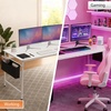 image:imageVINGLI 63 Inch Computer Office Modern Simple Gaming Desk with Side Fabric Drawer amp Hook Up WearResistant Surface Writing Desk Work Desk for Bedroom Living Room Oak GreyWhite