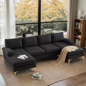 image:imageVINGLI 110 Modern Sectional Couch with 51 D Double Chaise Black Deep Seat U Shaped Couch with Removable Pillows amp Metal Legs Comfy 4Seat Sofas for Living Room Linen FabricBlack