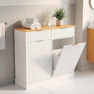 image:imageVINGLI 20 Gallon Double Tilt Out Trash Can Cabinet Wooden Fluted Design Double Garbage Can Cabinet with Storage Drawers Hidden Trash Can Holder for Kitchen Living Room Laundry Room White