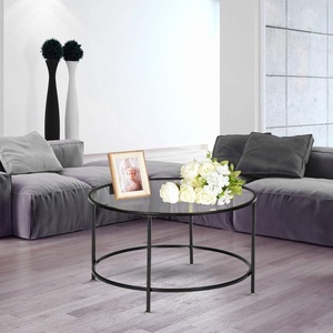 image:imageVINGLI 26 Modern Round Coffee Table Tempered Glass Accent Table with Metal Frame for Living Room