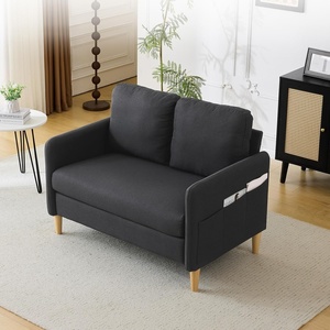 image:imageVINGLI 47 Small Couch Linen Loveseat Sofa Light Grey Mini Couch Mid Century Modern Decor Love Seat for Small Spaces Living Room Bedroom Play RoomBlack