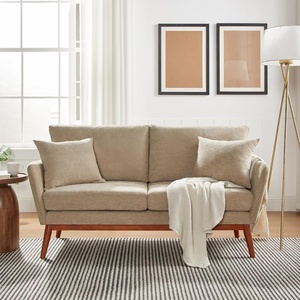 image:imageVINGLI 635 W Mid Century Small Love Seat Couch with Soild Wood Frame 2 Seater Comfy Linen Fabric Loveseat Sofa Small Couch with Two Pillows for Bedroom Living Room Small Spaces GreyKhaki
