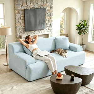 image:imageVINGLI 72 W Boneless Loveseat Sofa Cloud Corduroy Couch in a Box Compressed Deep Seat Sofa with 106 Wide Curved Armrests Easy Assembly Required for Living Room Apartments amp Office GreenLight Blue