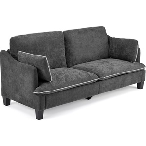image:imageVINGLI 84 Extra Deep Seat Sofa Couch 3 Seater Upholstered Living Room Couches with 2 Piped Seater Cushions Throw Pillows Modern Linen Velvet Fabric Sofa for Apartment Bedroom OfficeBlack