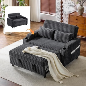 image:imageVINGLI Beige Futon Sofa Bed Convertible Loveseat Sleeper Sofa Couch Corduroy Pullout Sofa Fold Out Couch Bed with USB Ports Cup Holders Armrest for Living Room Bedroom Apartment RoomGrey