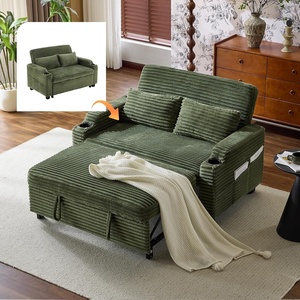 image:imageVINGLI Beige Futon Sofa Bed Convertible Loveseat Sleeper Sofa Couch Corduroy Pullout Sofa Fold Out Couch Bed with USB Ports Cup Holders Armrest for Living Room Bedroom Apartment RoomGreen