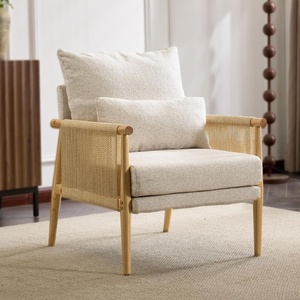 image:imageVINGLI Boho Braid Accent Armchairs Set of 2MidCentury Modern Chiars with Solid Wooden ArmrestComfy Louge Cushion Chairs with Waist Pillow for BedroomLiving RoomReading Room Gray BeigeChenille Gray Beige