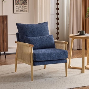 image:imageVINGLI Boho Braid Accent Armchairs Set of 2MidCentury Modern Chiars with Solid Wooden ArmrestComfy Louge Cushion Chairs with Waist Pillow for BedroomLiving RoomReading Room Gray BeigeChenille Blue