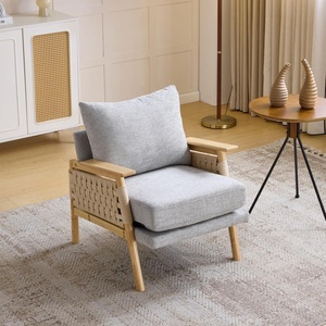 image:imageVINGLI Boho Rattan Braided Accent Chair with Solid Wood 315 Wide Armrests Chenille Upholstery Indoor Lounge Chair with Lumbar Pillow amp Rope Arms for Living Room Bedroom Reading Room Sage GreenGray Beige