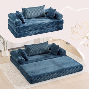 image:imageVINGLI Convertible Futon Sofa Bed Upholstered Corduroy Boneless Couch King Size Floor Loveseat Sleeper Sofa with 2in1 Throw Pillow amp Blanket Couches for Living Room Bedroom Lounge GreenNavy Blue