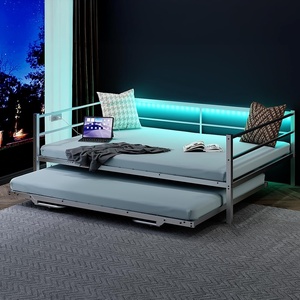 image:imageVINGLI Daybed with Trundle Bed Twin Charging Station and LED LightsHeavy Duty Metal Twin Daybed with Pop up Trundle for Living RoomBedroomGuest Room No Box Spring NeededBlackWhite