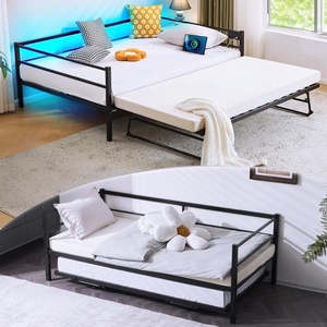 image:imageVINGLI Daybed with Trundle Bed Twin Charging Station and LED LightsHeavy Duty Metal Twin Daybed with Pop up Trundle for Living RoomBedroomGuest Room No Box Spring NeededBlackBlack