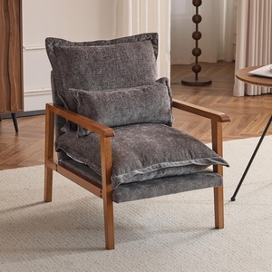 image:imageVINGLI MidCentury Modern Cloud Accent Armchair with Lumbar Pillow 63 Thick Seat Cushion Comfortable Reading Chair with Wooden ArmrestsBoho Lounge Chair for Bedroom Living Room Chenille GreyChenille Grey