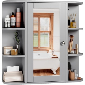 image:imageVINGLI Mirror Medicine Cabinet Wall Mounted Bathroom Storage Organizer Over Toilet with 6 Open Curved Shelves Adjustable Vanity Cupboard with Single Door for Entryway amp Living Room WhiteGrey