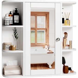 image:imageVINGLI Mirror Medicine Cabinet Wall Mounted Bathroom Storage Organizer Over Toilet with 6 Open Curved Shelves Adjustable Vanity Cupboard with Single Door for Entryway amp Living Room WhiteWhite