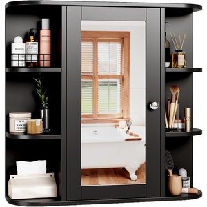 image:imageVINGLI Mirror Medicine Cabinet Wall Mounted Bathroom Storage Organizer Over Toilet with 6 Open Curved Shelves Adjustable Vanity Cupboard with Single Door for Entryway amp Living Room WhiteBlack