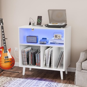 image:imageVINGLI Record Player Stand with Open Vinyl Storage MidCentury Album Storage Table with LED Light up to 300 Albums Vinyl Record Player Shelf with Power Outlet for Living Room Grey OakWhite