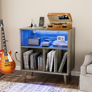 image:imageVINGLI Record Player Stand with Open Vinyl Storage MidCentury Album Storage Table with LED Light up to 300 Albums Vinyl Record Player Shelf with Power Outlet for Living Room Grey OakGrey Oak