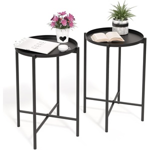 image:imageVINGLI Round Metal Side Table with Removable Tray Outdoor Patio Coffee Table Waterproof End Table for Small Spaces Outdoor Patio Living Room Bedroom Balcony XBrace amp NonSlip Pads 2 BlackBlack