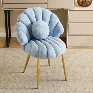 image:imageVINGLI ShellShaped Teddy Fleece Accent Vanity Chair with BackComfy Blue and Gold Desk Chair No WheelsCute Small Pearl Deco PillowGift for GirlsWomenfor MakeupOfficeDiningNailSewingBedroomBlue