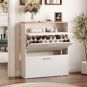 image:imageVINGLI Shoe Cabinet for Entryway Farmhouse Slim Shoe Rack Storage with 3 Flip Drawers Rustic Brown Top amp Washed White Body Narrow Hidden Shoe Organizer for Hallway 95 DepthWhite  Oak